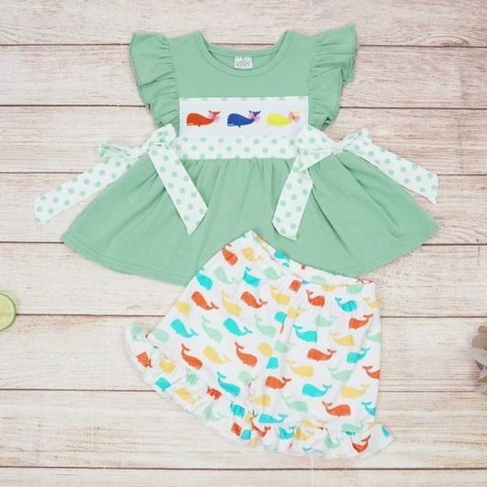 presale GSSO1126 Whale polka dot bow green flying sleeve shorts suit