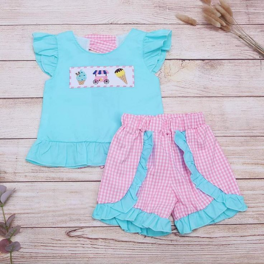 presale GGSSO1128 Ice cream truck blue flying sleeves pink plaid shorts suit