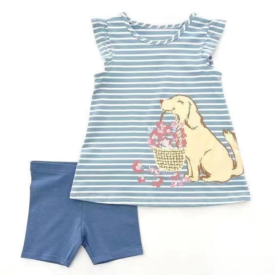 presale GSSO1131 Puppy flower basket striped flying sleeve blue shorts suit