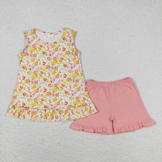 GSSO1135 Yellow-orange floral sleeveless pink shorts suit