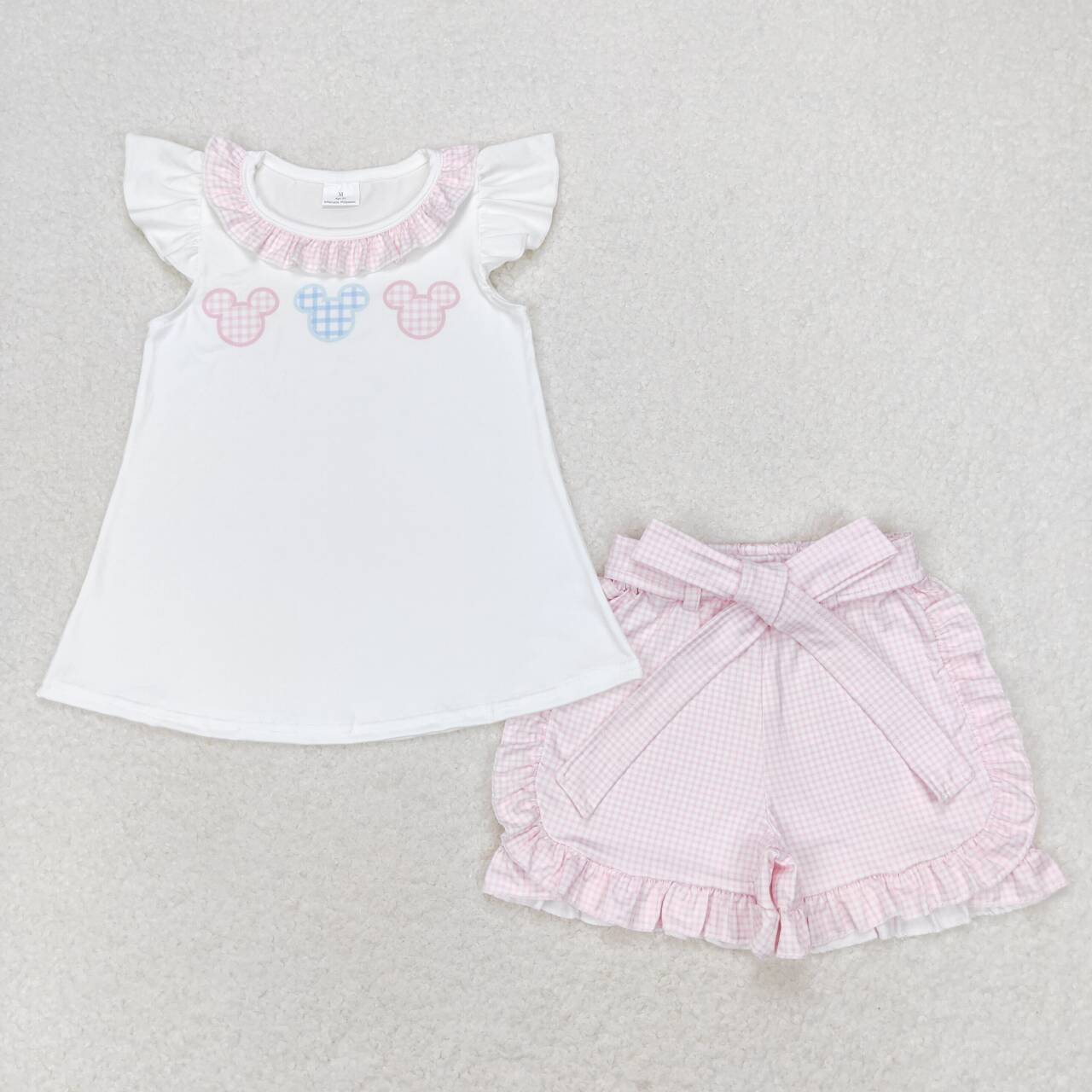 GSSO1136 Pink plaid lace white flying sleeve shorts suit
