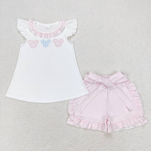 GSSO1136 Pink plaid lace white flying sleeve shorts suit