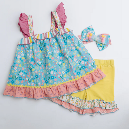 presale GSSO1145 Floral floral pink flying sleeve yellow shorts suit