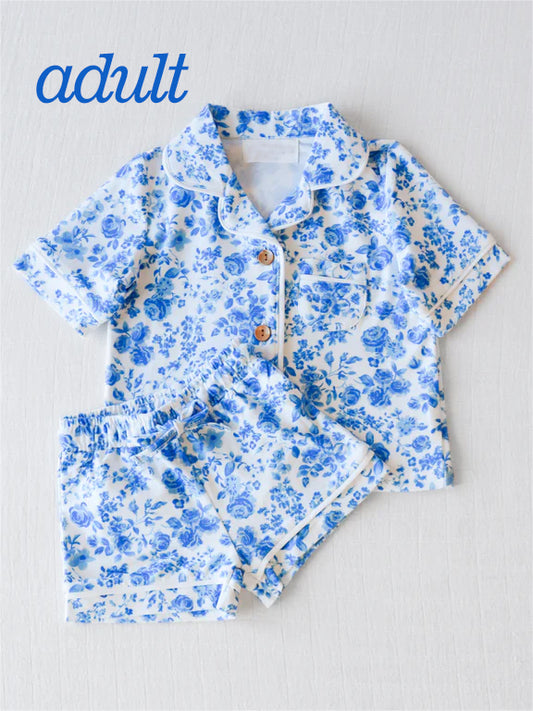 presale GSSO1148 Adult women's blue flower white short-sleeved shorts pajama set