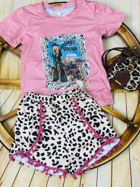presale GSSO1150 Alphabet Pink Short Sleeve Leopard Print Shorts Set