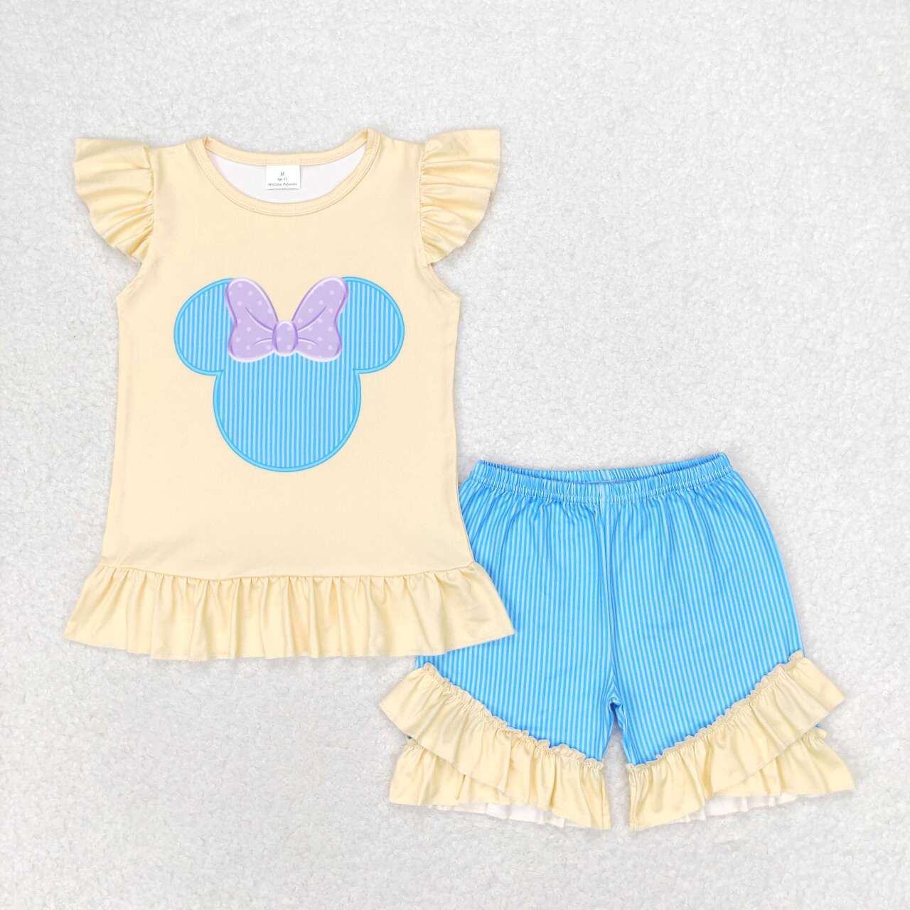 GSSO1159 Yellow flying sleeves blue striped shorts suit
