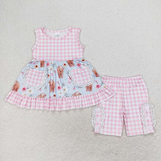GSSO1161 Alpine cow head flower pink and white plaid pocket light blue sleeveless shorts suit