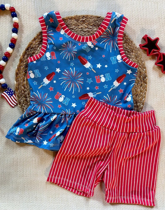 presale GSSO1162 usa fireworks star blue sleeveless striped red shorts suit