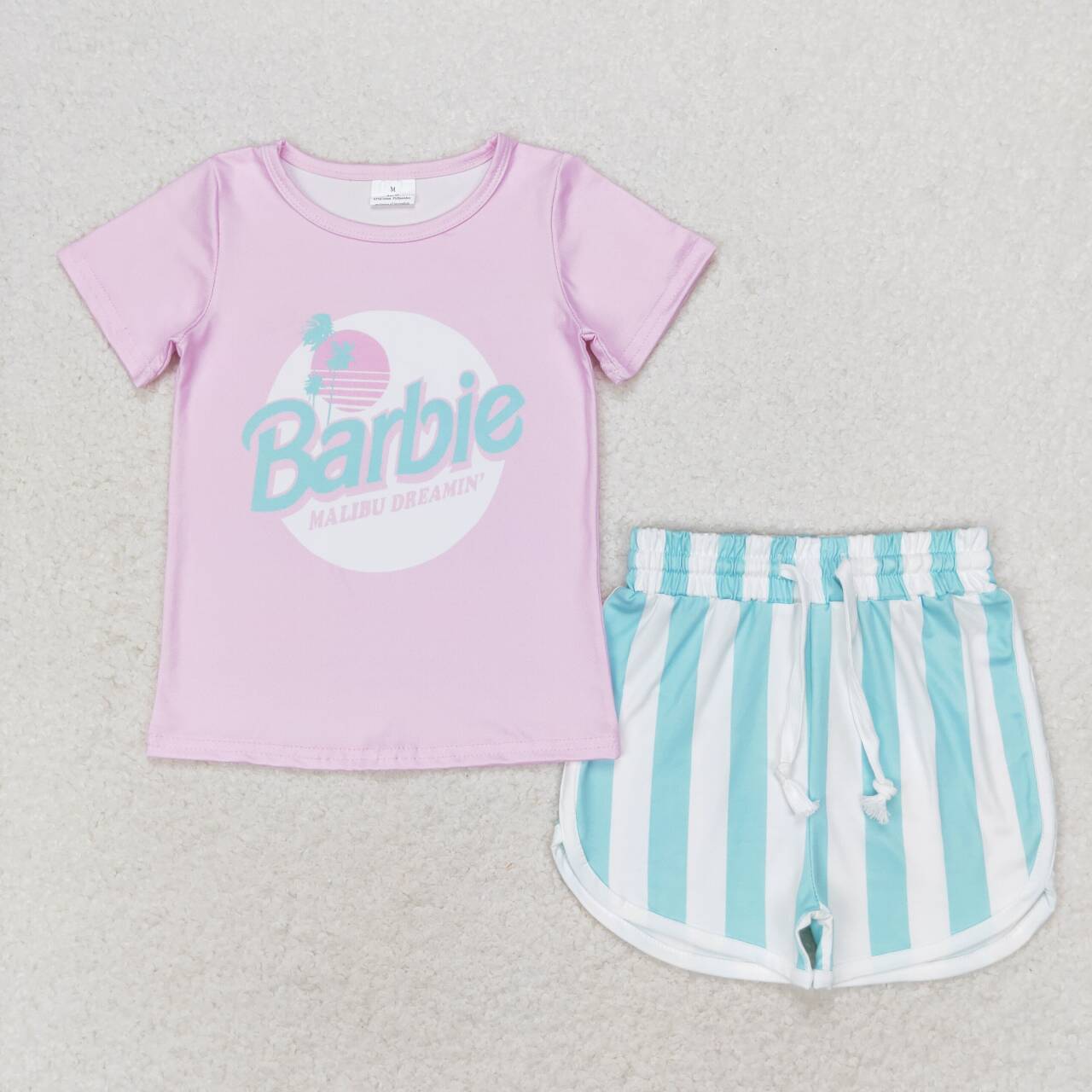 GSSO1168 Pink Short Sleeve Striped Shorts Suit