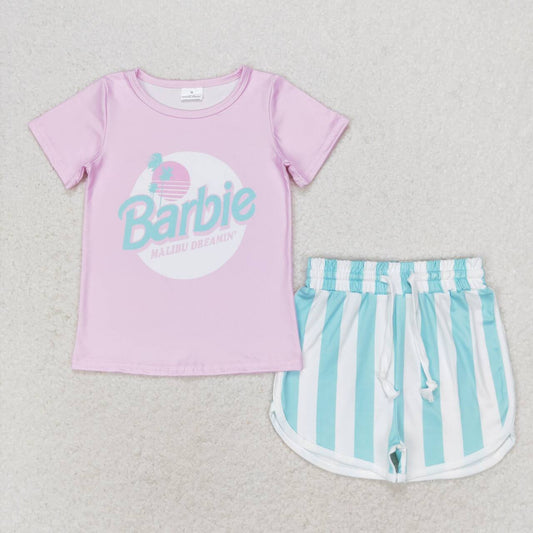 GSSO1168 Pink Short Sleeve Striped Shorts Suit