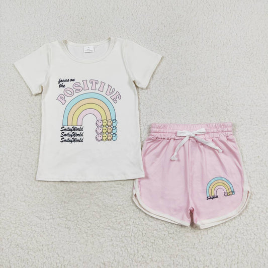 GSSO1175 Letter Rainbow Short Sleeve Pink Shorts Set