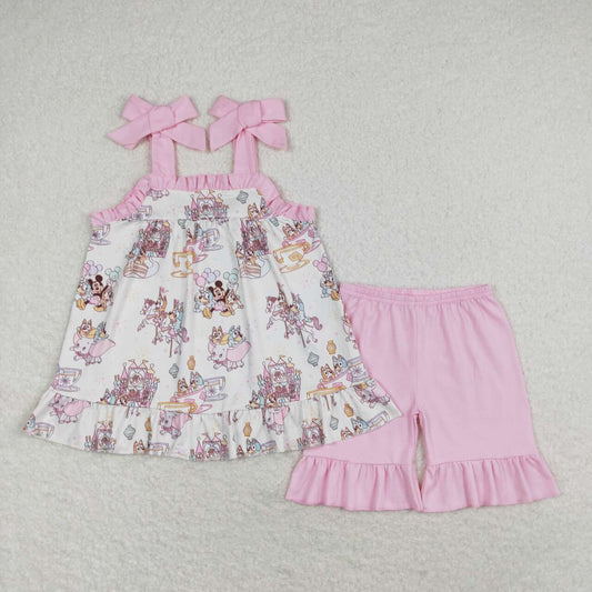 GSSO1176 Cartoon pink lace suspender shorts suit