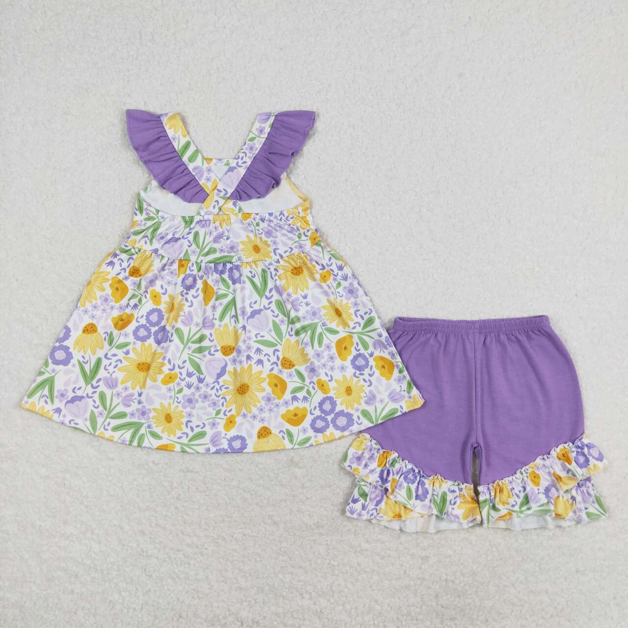 GSSO1177 Pink and purple flower flying sleeve shorts suit