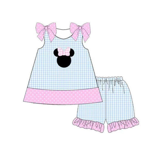 presale GSSO1182 Pink bow sleeveless plaid shorts suit