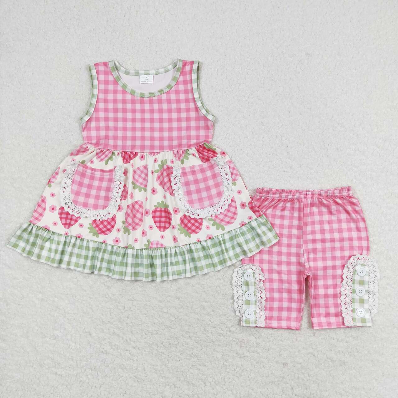 GSSO1183 Floral strawberry green plaid lace sleeveless shorts suit