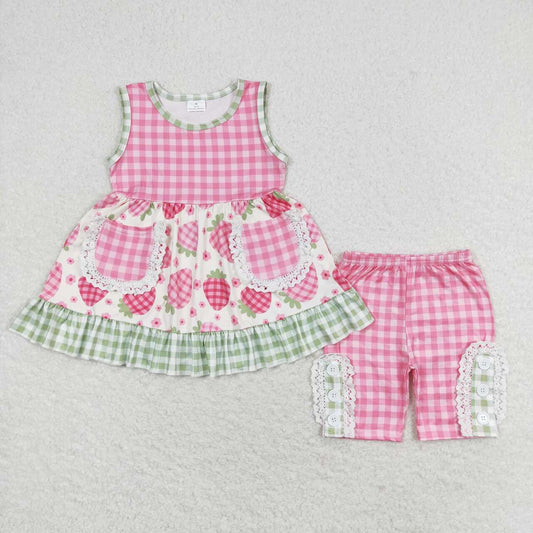 GSSO1183 Floral strawberry green plaid lace sleeveless shorts suit