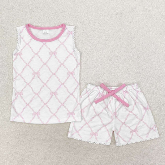 GSSO1187 Bamboo Bow pattern lace sleeveless shorts set
