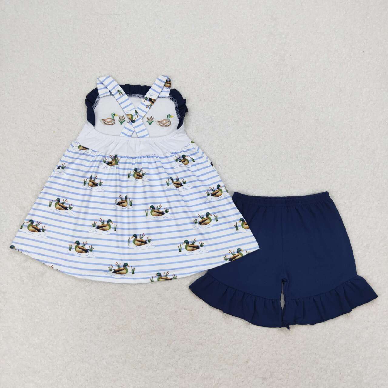 GSSO1189 Embroidered Three Ducks Striped Navy Blue Lace Sleeveless Shorts Set