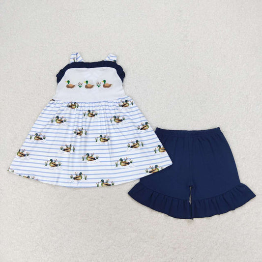 GSSO1189 Embroidered Three Ducks Striped Navy Blue Lace Sleeveless Shorts Set