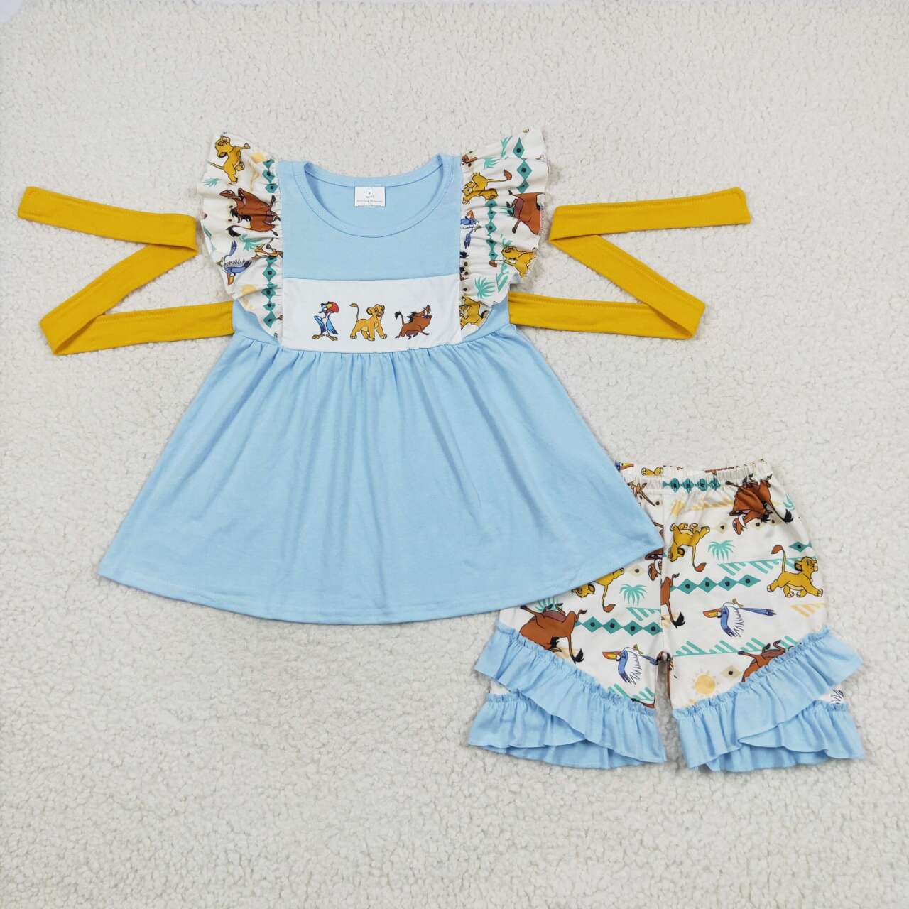 GSSO1191 Cartoon Lion Belt Blue Sleeveless Shorts Set