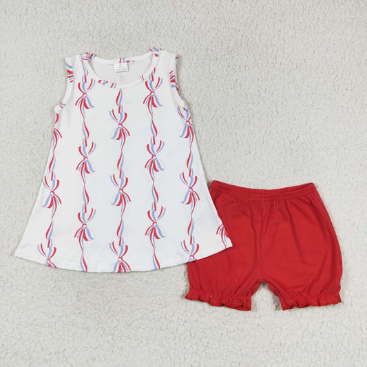 GSSO1199 National Day Bow Pattern White Sleeveless Red Shorts Set
