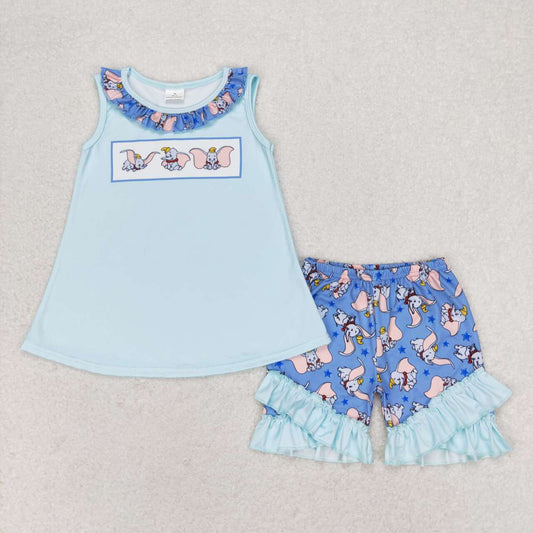 GSSO1203 Cartoon Elephant Blue Lace Sleeveless Shorts Set