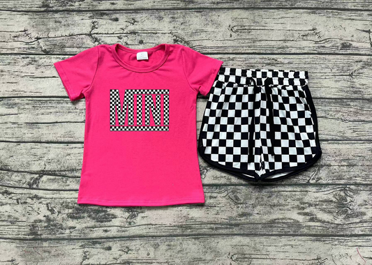 GSSO1215 mini rose red short-sleeved black and white plaid shorts suit