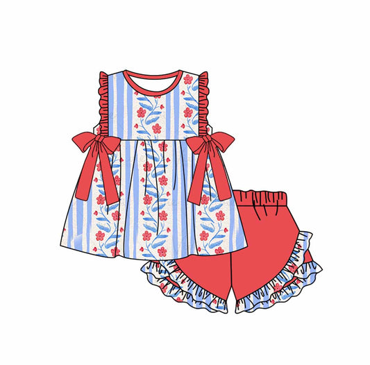 presale GSSO1216 Floral blue striped red lace sleeveless shorts suit