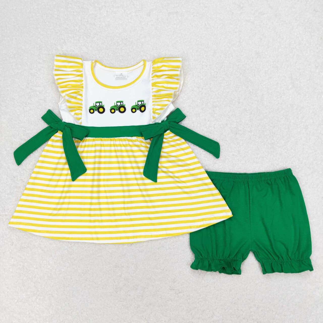 GSSO1223 Farm tractor yellow stripe green bow flying sleeve shorts suit