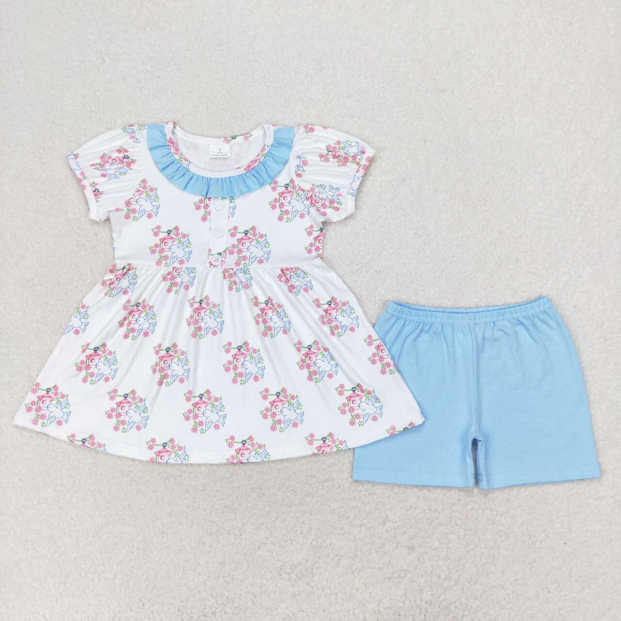 GSSO1225 Flower Bird's Nest Blue Lace White Short Sleeve Shorts Suit