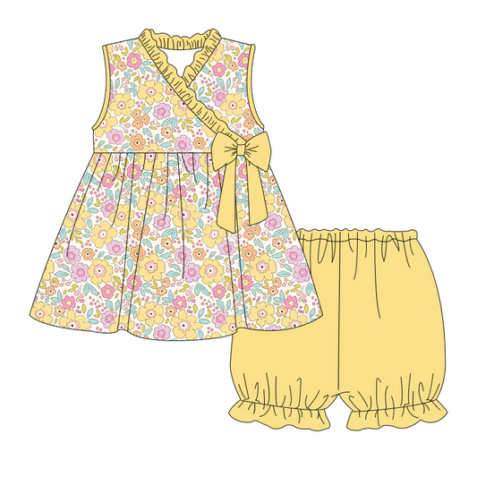 presale GSSO1229 Floral floral yellow lace bow sleeveless shorts suit