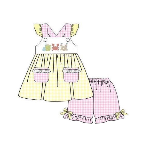 presale GSSO1235 Crab Castle Pink Plaid Pocket Yellow Flying Sleeve Shorts Suit