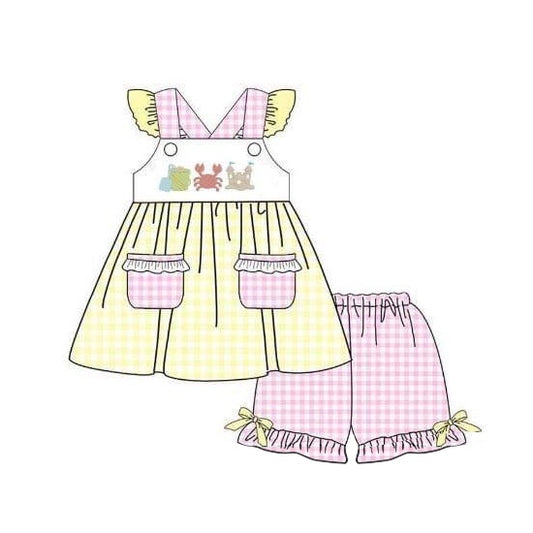 presale GSSO1235 Crab Castle Pink Plaid Pocket Yellow Flying Sleeve Shorts Suit