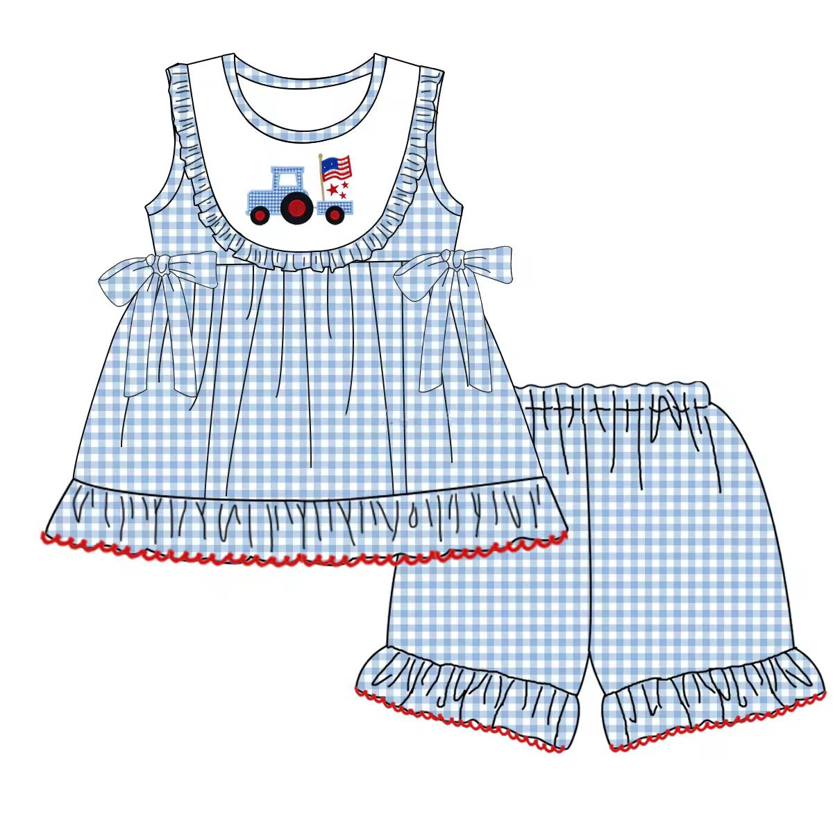 presale GSSO1237 Truck Flag Stars Blue Plaid Sleeveless Shorts Set