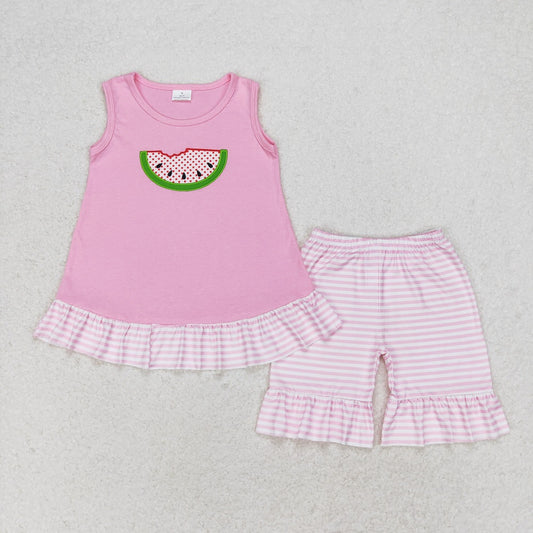 GSSO1239 Watermelon Pink Sleeveless Striped Shorts Set