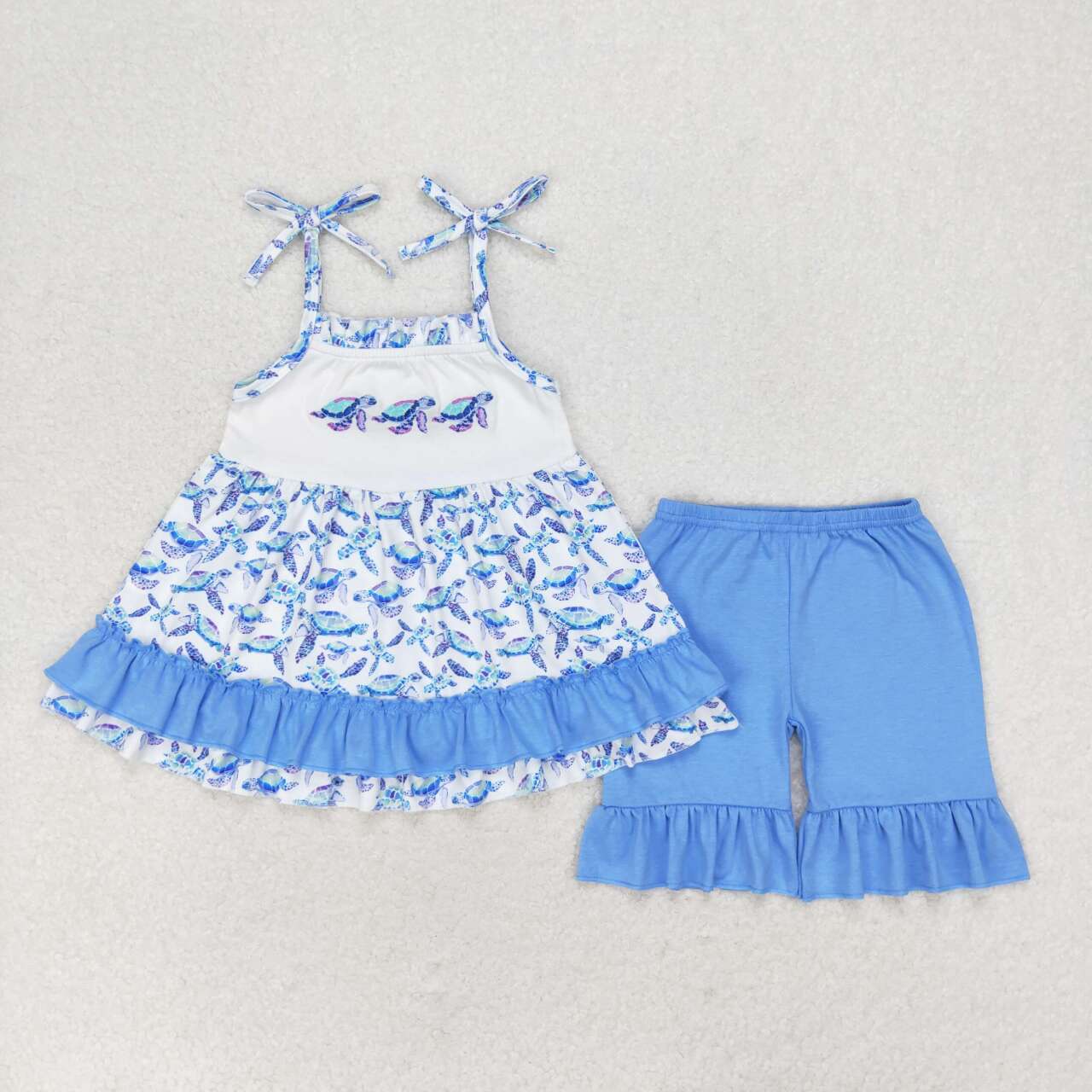 GSSO1241 Turtle blue lace white suspender shorts suit