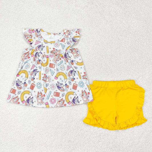 GSSO1246 Flower pencil plaid flying sleeve yellow shorts suit