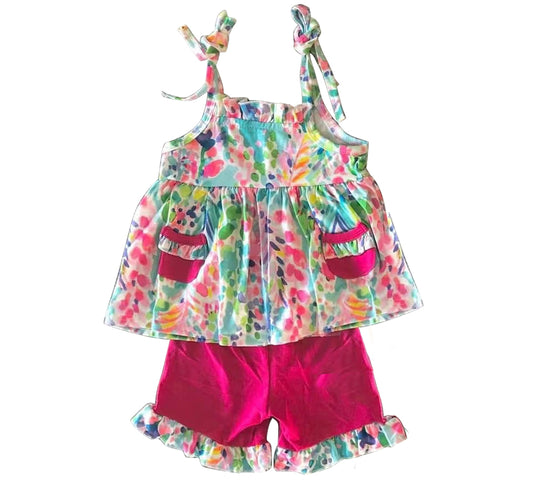 presale GSSO1247 Rose red shorts set with colorful pattern lace pocket suspenders