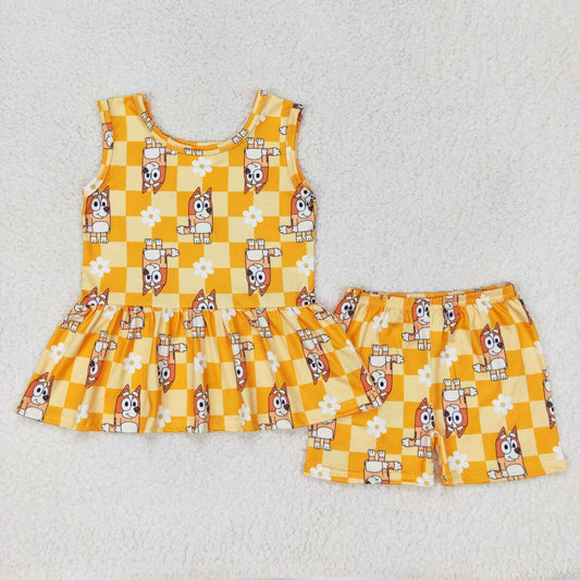 GSSO1249 Floral orange plaid sleeveless shorts suit