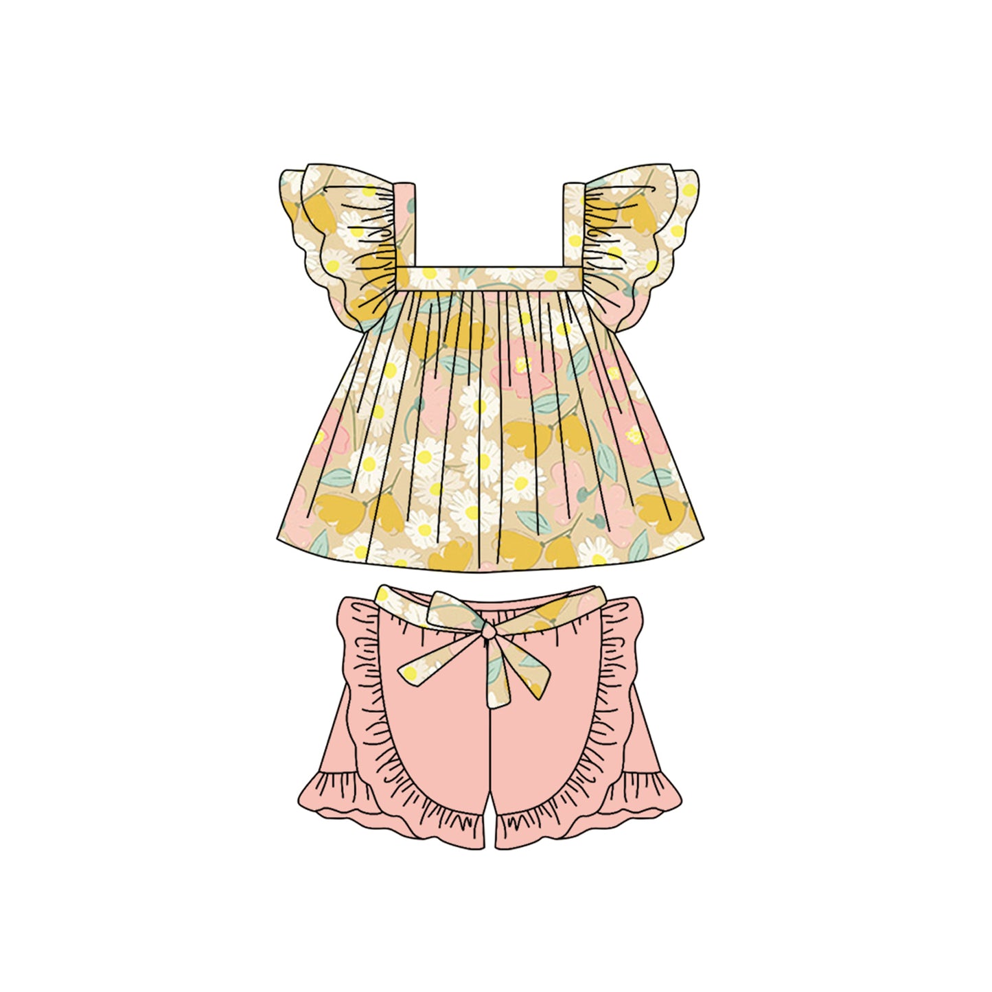 presale GSSO1254 Floral brown flying sleeves pink lace shorts suit