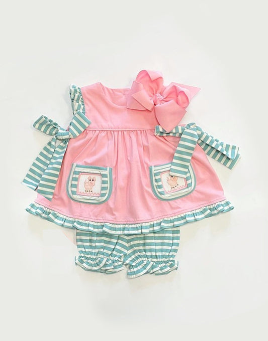 presale GSSO1256 Piggy Stripe Pocket Bow Pink Sleeveless Shorts Set