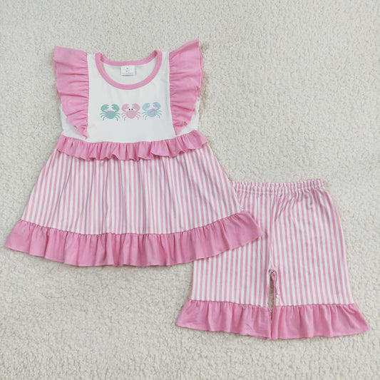 GSSO1258 Crab pink lace striped flying sleeve shorts suit