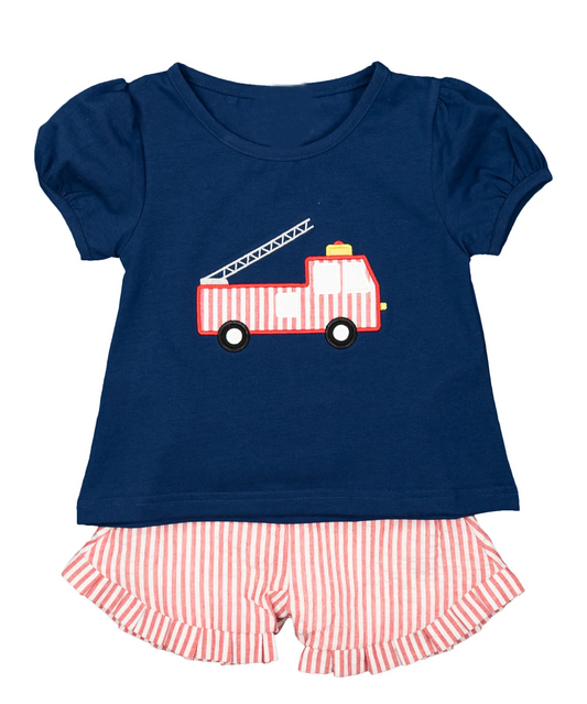 presale GSSO1261 Girls Fire Truck Navy Blue Short Sleeve Striped Shorts Suit