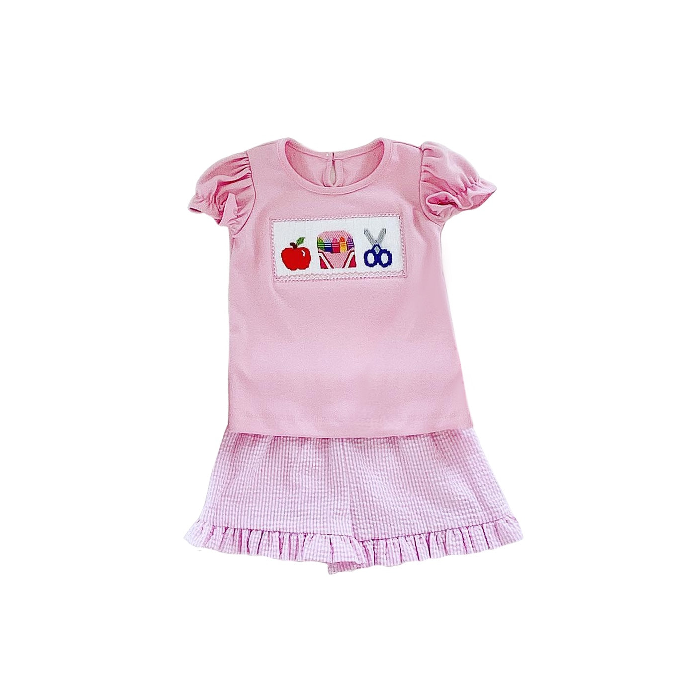 presale GSSO1267 Apple Crayon Scissors Pink Short Sleeve Plaid Shorts Set