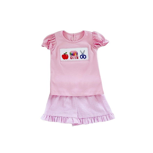 presale GSSO1267 Apple Crayon Scissors Pink Short Sleeve Plaid Shorts Set