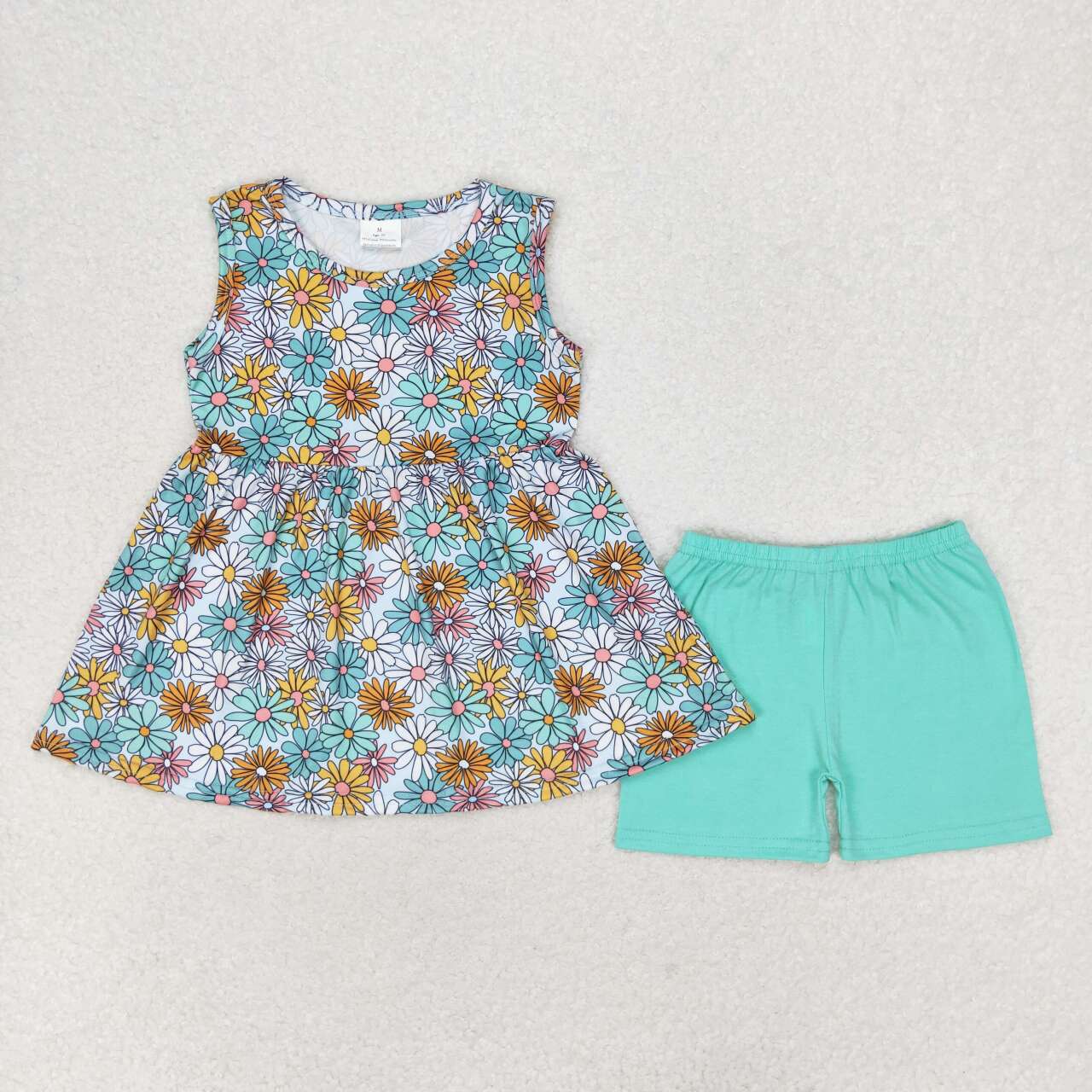 GSSO1271   Floral Sleeveless Teal Shorts Set