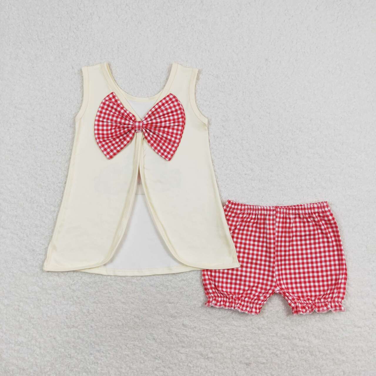 GSSO1282 Bow-tie beige sleeveless red plaid shorts suit