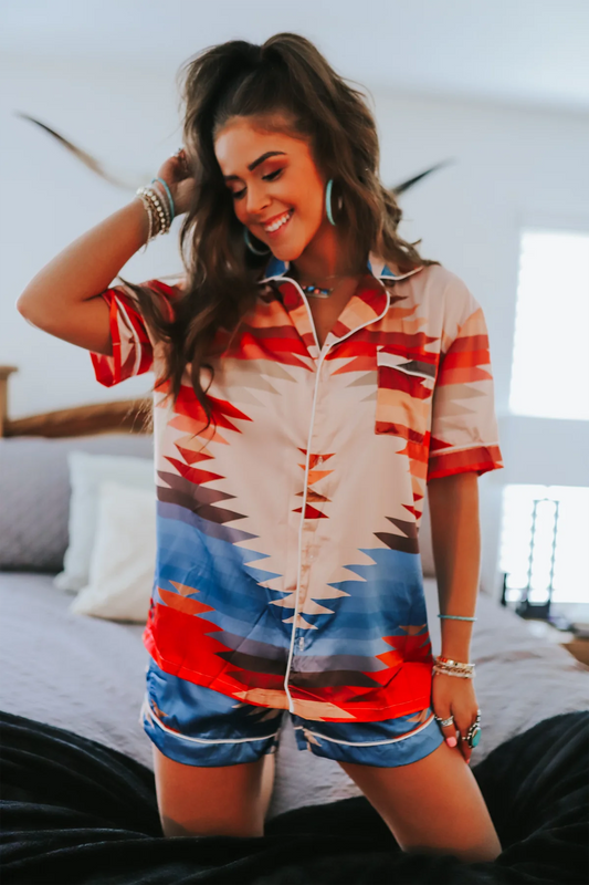 presale GSSO1284 Adult women's geometric beige short-sleeved shorts pajama set