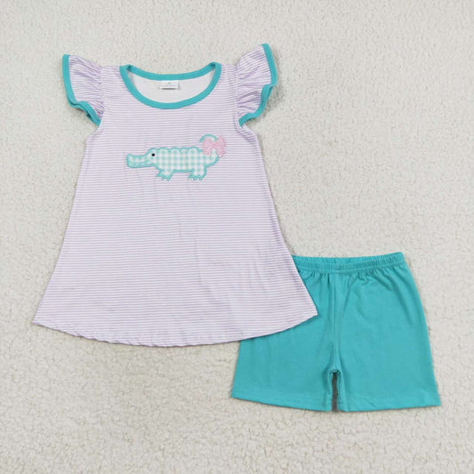 GSSO1286 Bow crocodile purple striped flying sleeve shorts suit