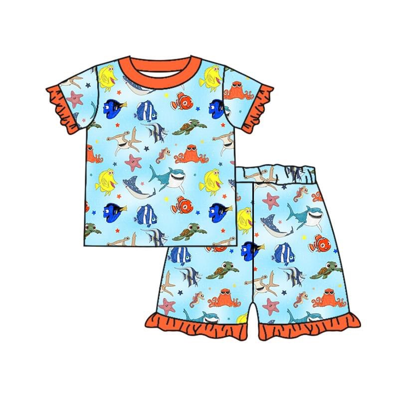 presale GSSO1288 Cartoon blue and orange lace short-sleeved shorts pajama set